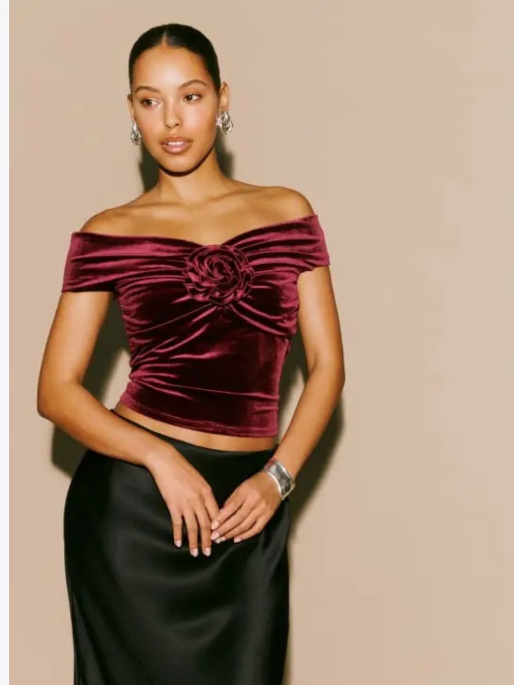 Reformation Off-Shoulder Velvet Rose Crop Top - Burgundy
